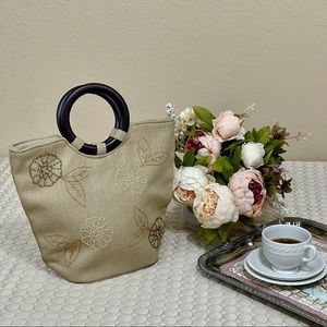 🌱 Medium Vintage Flax Wood Handle Embroidered Tote